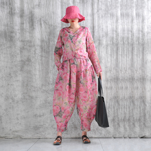 易见2025春夏新款文艺复古时尚宽松苎麻上衣大裆灯笼裤两件套装女