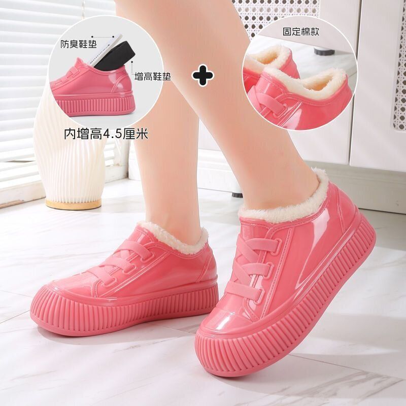 加绒加厚女款雨鞋内增高低帮成人防水鞋时尚洋气浅口厚底工作胶鞋