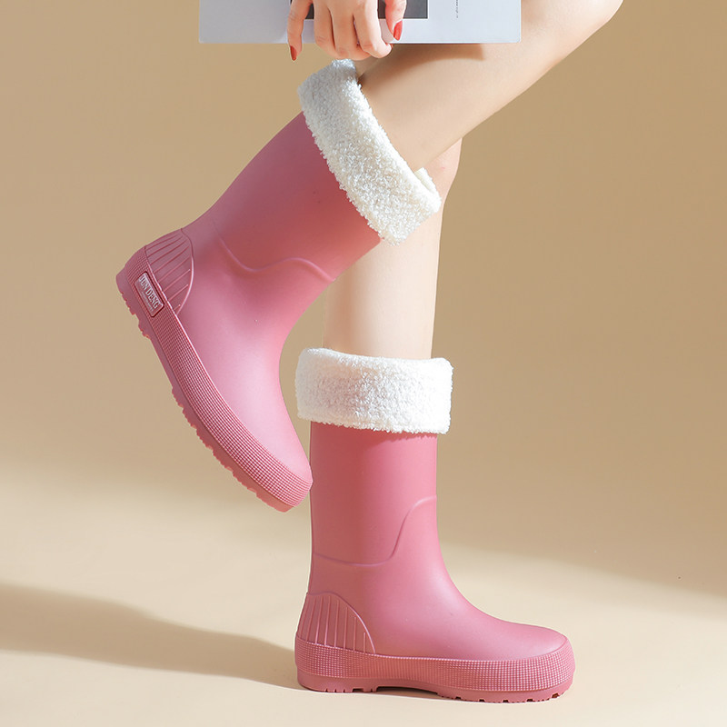 中筒女雨鞋平底可拆加绒保暖水鞋软底防水防滑工作鞋纯色时尚雨靴