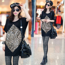 2019胖mm夏秋新款大码宽松短袖蝙蝠袖衫女中长款显瘦亮片T恤200斤