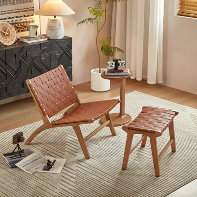 北欧风实木马鞍皮躺椅家用阳台客厅懒人休闲椅设计师创意沙发椅