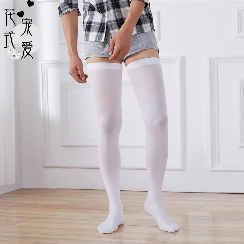 日系男士加长白色过膝长筒袜子潮天鹅绒超弹高筒大腿根丝袜春秋薄