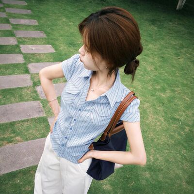 韩系条纹修身显瘦短袖口袋衬衫