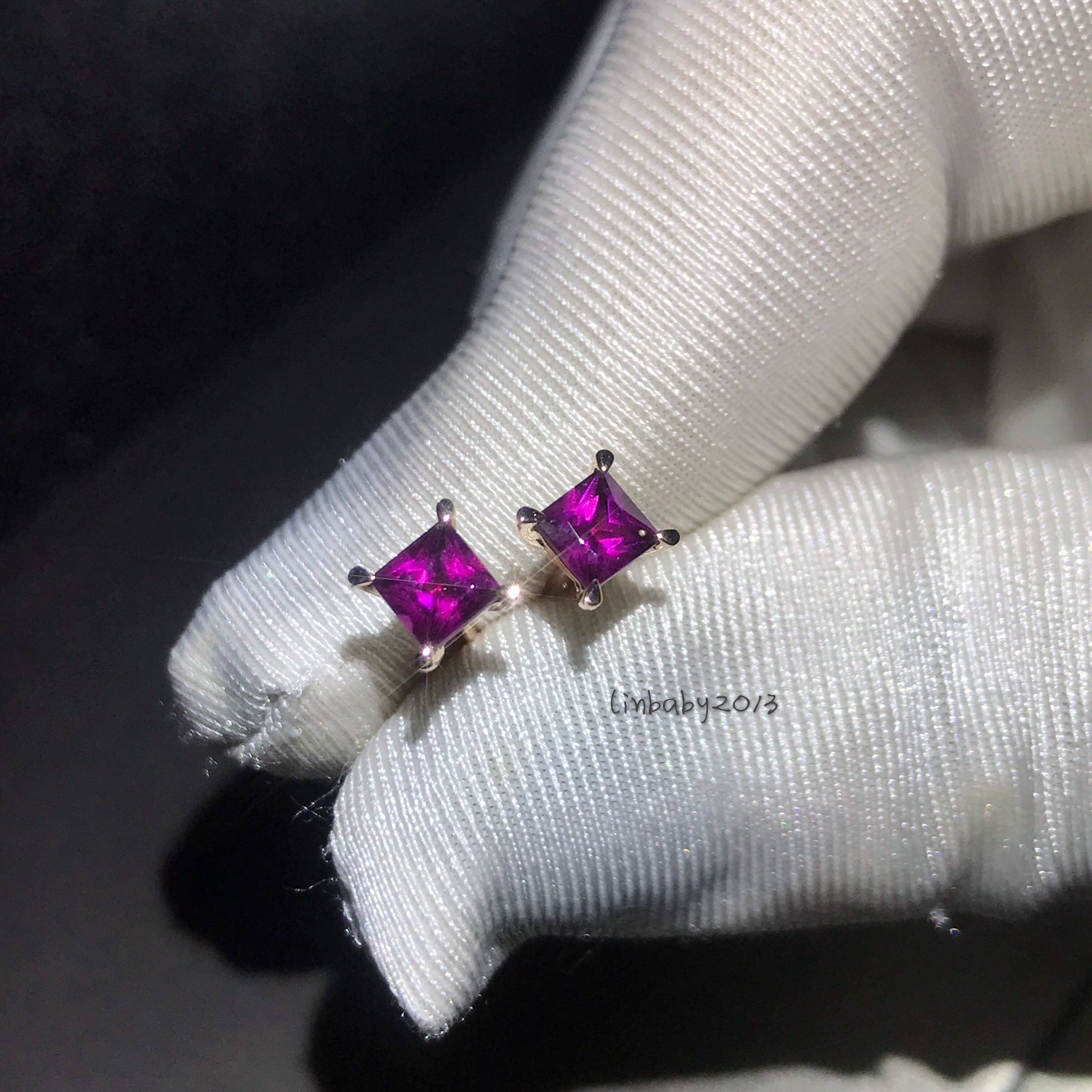 琳熙精品18k玫瑰金镶嵌铁镁铝石榴石耳钉紫玫红色 紫乌牙4mm方形