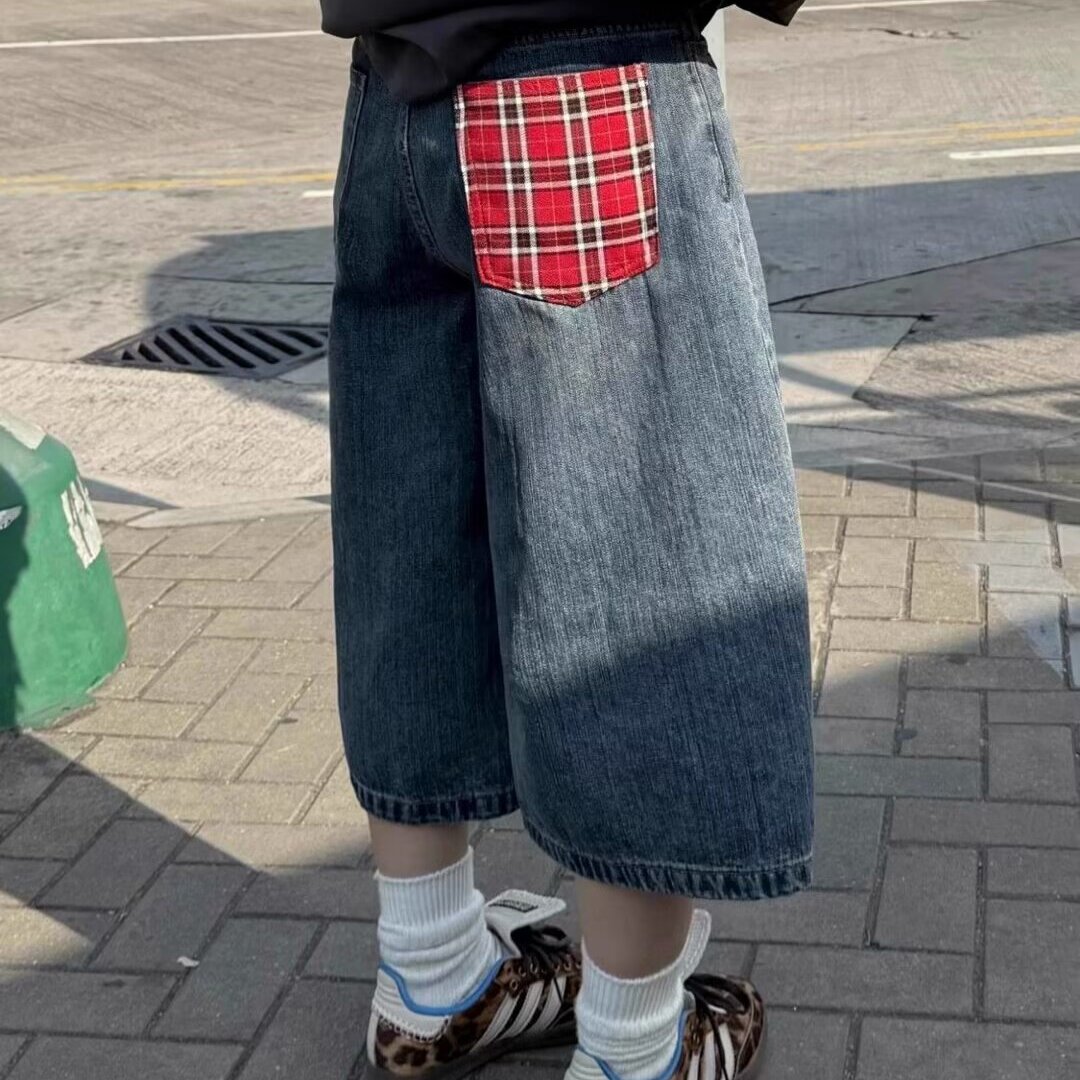 美式格子拼接卷边牛仔裤男女潮牌休闲阔腿裤子垂坠感直筒情侣长裤