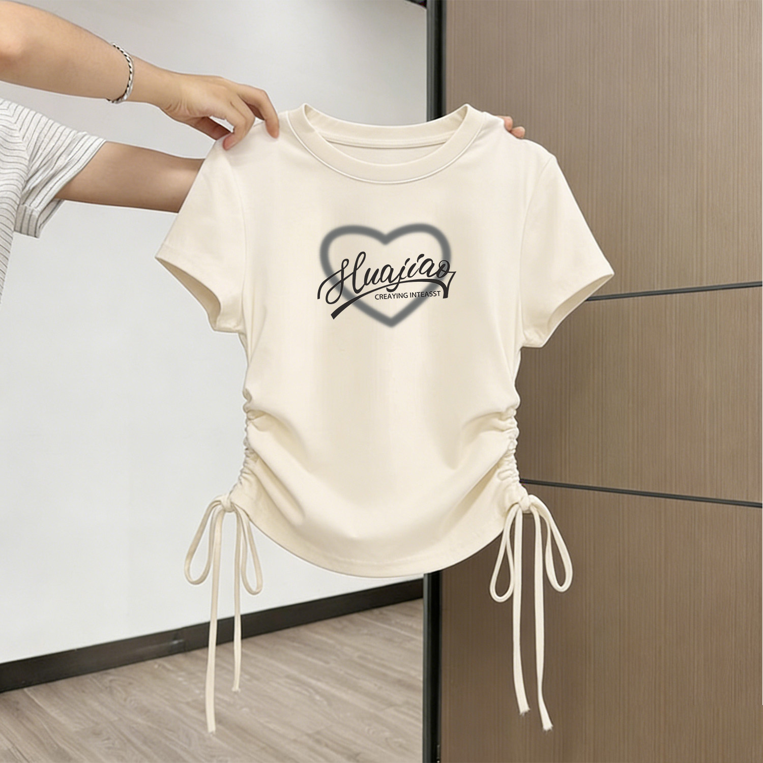 女童纯棉短袖t恤抽绳系带夏季圆领印花收腰韩系百搭儿童上衣短款