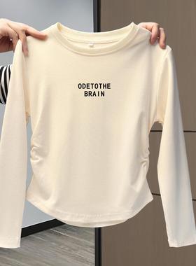 大童女童纯棉长袖t恤圆领短款春秋装儿童打底衫内搭修身白色上衣