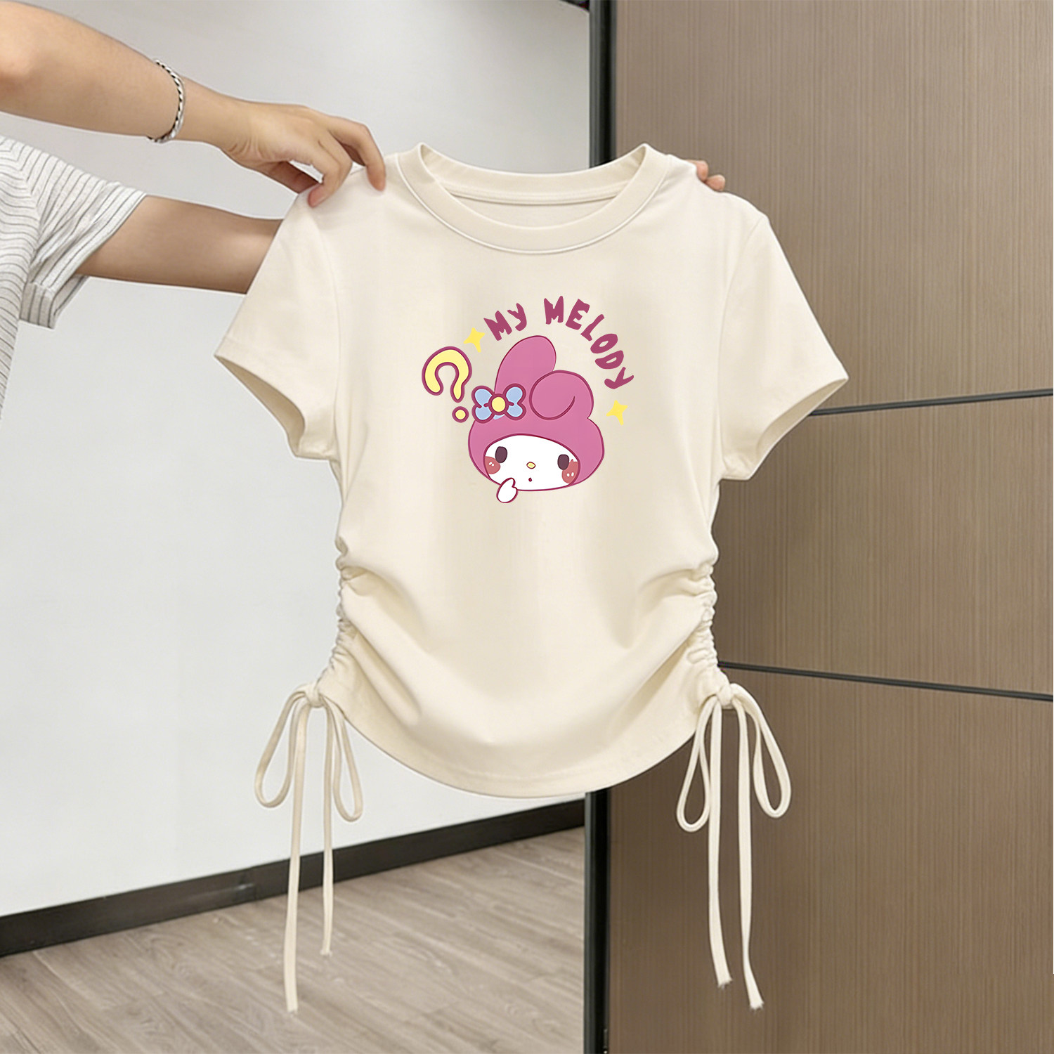 女童装夏装设计感2026新款纯棉短袖T恤抽绳收腰系带儿童上衣短款