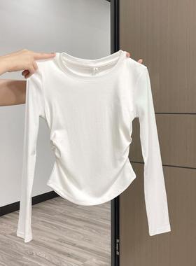 女大童纯棉长袖t恤春秋打底衫内搭外穿白色短款不规则修身上衣服