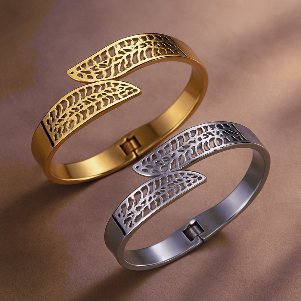 NVOXS简约金色镂空叶子手镯金属不锈钢手链女士适合所有场合佩戴