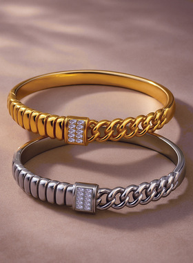 NVOXS欧美时尚简约金色扭结袖口不锈钢手镯女士日常佩戴