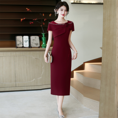 喜婆婆婚宴礼服结婚妈妈装高端喜服时尚高贵旗袍夏季短袖连衣裙女