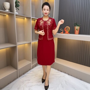 高端喜婆婆婚宴礼服短袖两件套连衣裙平时可穿小个子妈妈洋气套装