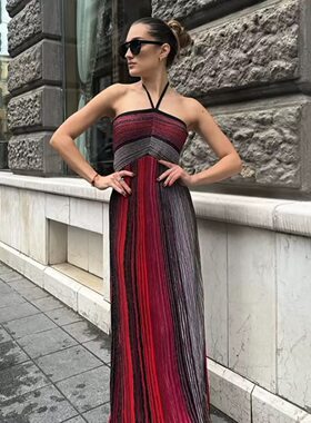 夏季重工亮丝彩色条纹修身背心百褶针织连衣裙女海岛度假出片长裙