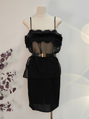 透视蕾丝雪纺吊带高腰半身裙套装