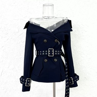 经济上行期的美藏青色短款风衣外套皮带收腰排扣一字肩西装领上衣