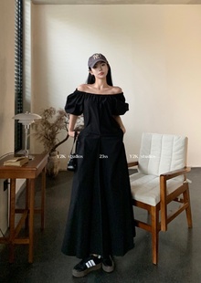 法式茶歇气质女神范收腰长裙高级感赫本风一字肩咖色连衣裙女夏季