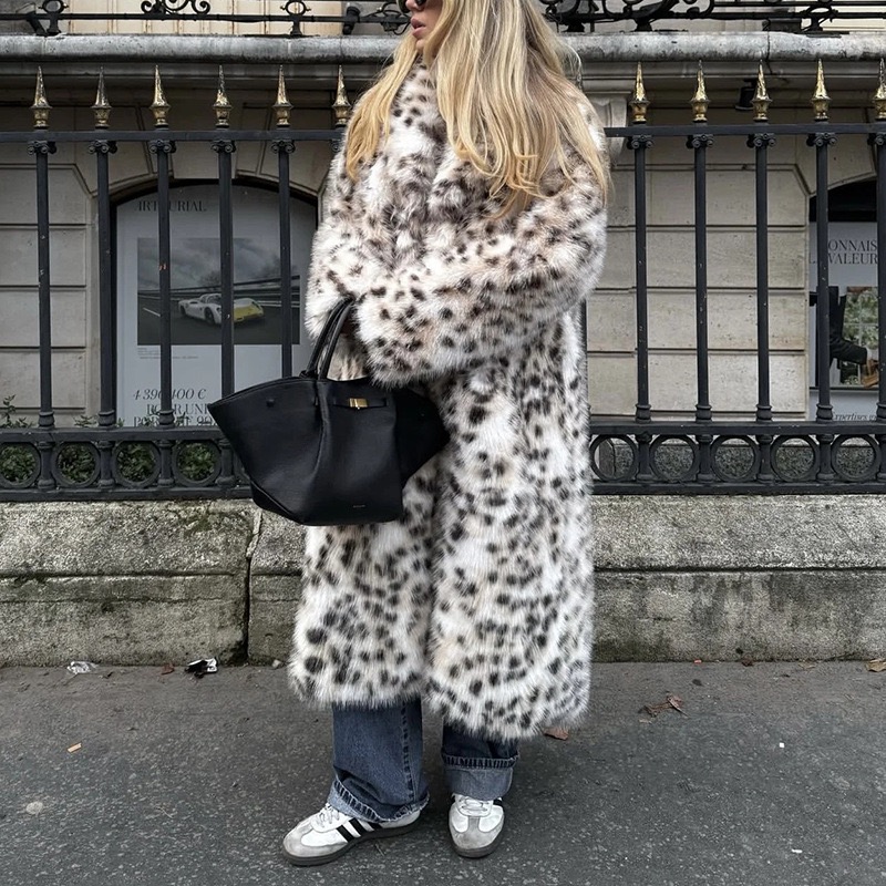 欧美风新款波点雪豹纹环保皮草毛毛外套中长款过膝保暖冬装大衣女