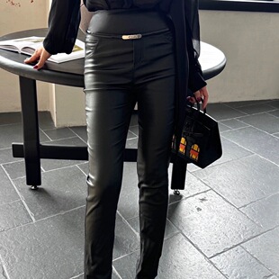 配皮带时髦九分裤涂层仿皮裤拼接高腰休闲裤包臀修身靴裤小脚裤子