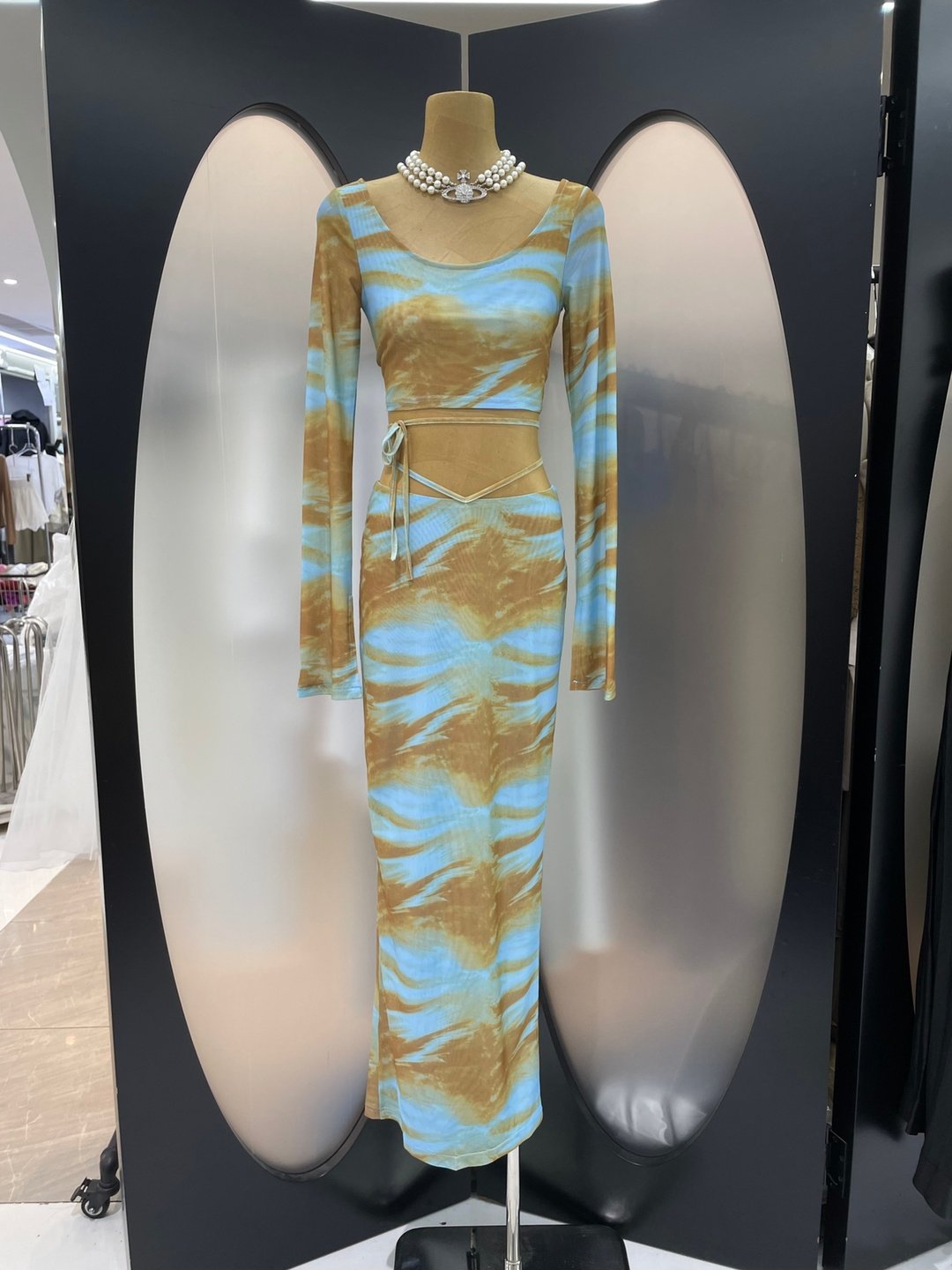 浪漫度假风拼色晕染一字领小上衣女夏气质高级辣妹长款半身裙套装