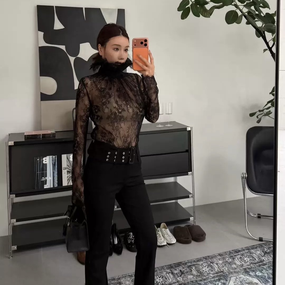 透视蕾丝刺绣花瓣型立领长袖套头上衣小衫显瘦黑色百搭女装打底衫,女装/女士精品,蕾丝衫/雪纺衫,淘宝优惠券,粉丝福利购,淘宝优惠卷