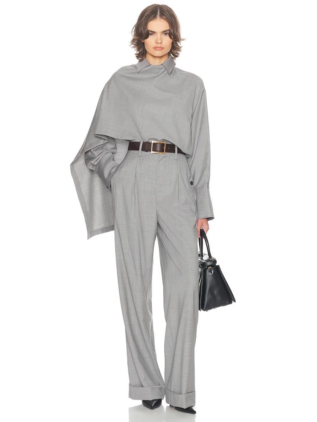 个性时髦设计感纯色套装不规则披肩长袖上衣直筒西装长裤两件套女