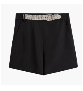 2026春秋新品百搭OL气质精美水钻皮带装饰黑色A型阔腿西装短裤女