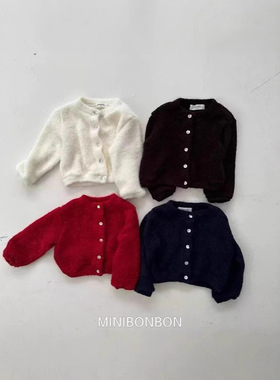 韩版ins毛茸茸针织毛衣外套男女宝宝春秋开衫新款圆领儿童简约