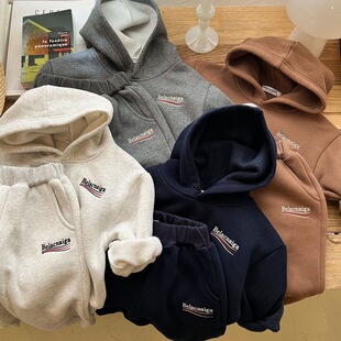 加绒加厚卫衣2件套男童连帽休闲潮童套装 2023秋冬季 儿童加绒套装