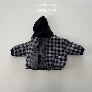 韩国进口童装复古格子夹棉保暖连帽外套儿童冬款百搭防风夹克上衣