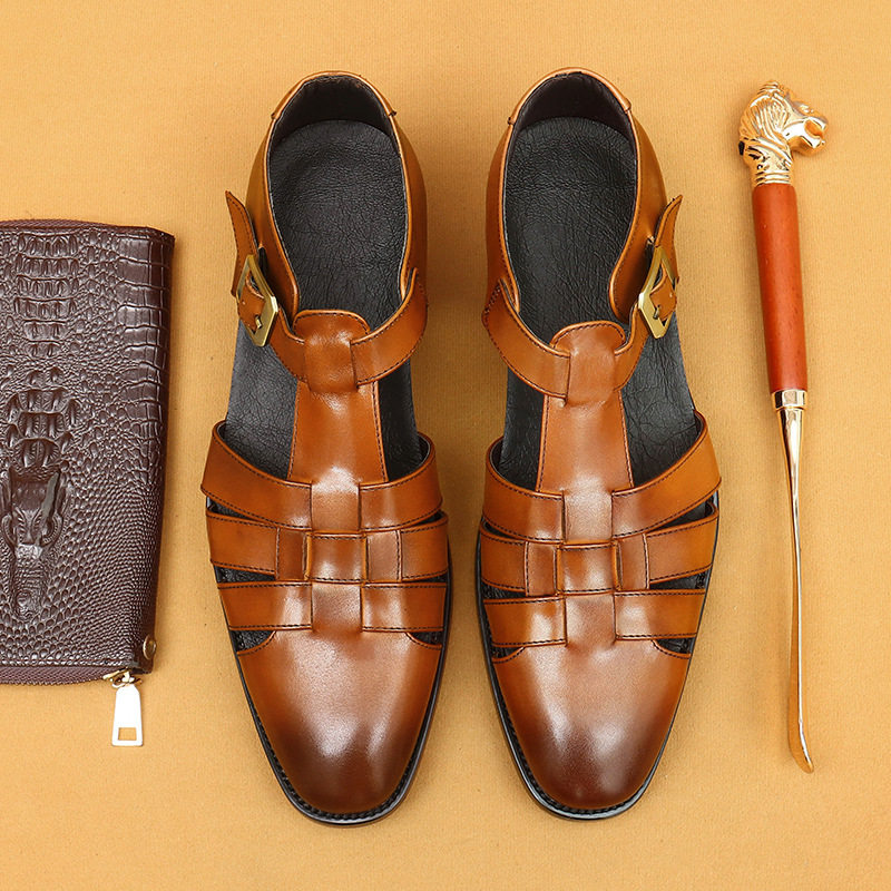 男士复古搭扣罗马凉鞋男夏季商务休闲真皮英伦透气包头沙滩凉皮鞋,流行男鞋,休闲凉鞋,淘宝优惠券,粉丝福利购,淘宝优惠卷