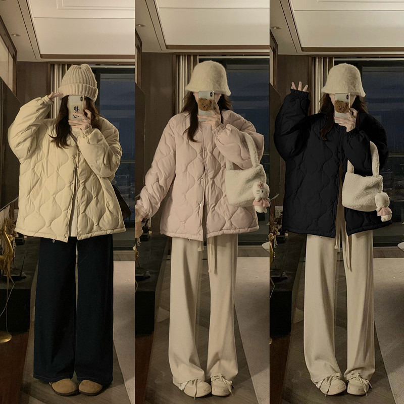 大码女装宽松慵懒风菱格棉服女oversize廓形显瘦棉衣棉服