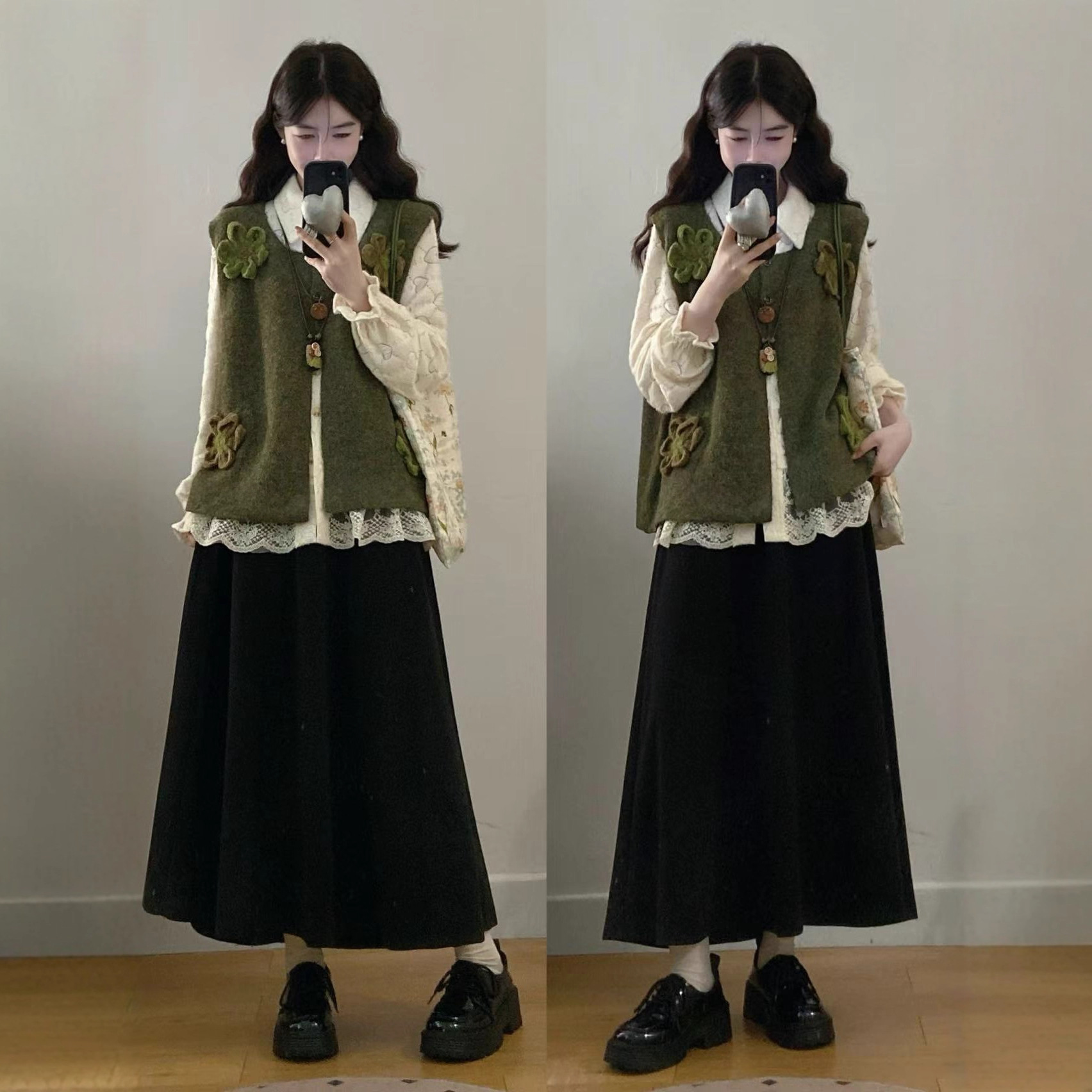 大码女装胖mm新款秋冬毛衣背心马甲+蕾丝花边衬衣+半身裙