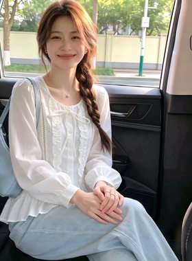 韩系chic设计高级感气质长袖衬衫女秋季通勤韩版百搭显瘦白色上衣