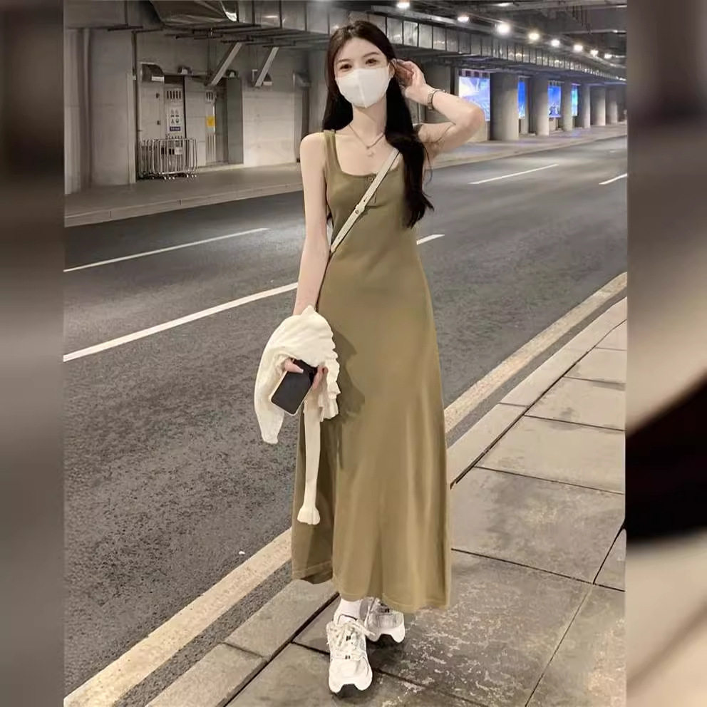 无袖黑色吊带连衣裙女夏季露背方领针织背带中长款裙休闲a字裙子