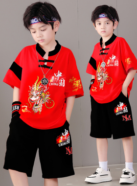 国风童装男童夏季套装唐装儿童新中式汉服红色少爷日常穿民族服装