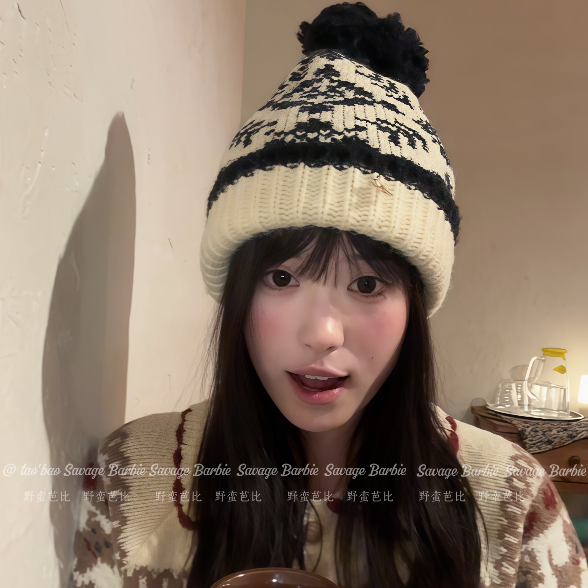 费尔岛复古提花针织毛线帽子女2025新款韩系保暖防寒显脸小护耳帽