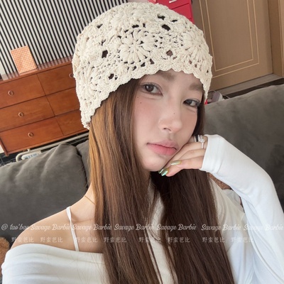 日系米色手工钩花镂空编织帽子