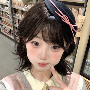 韩系可爱黑色丝绒蝴蝶结礼帽甜美少女jk圆顶贝雷帽水手海军帽子女