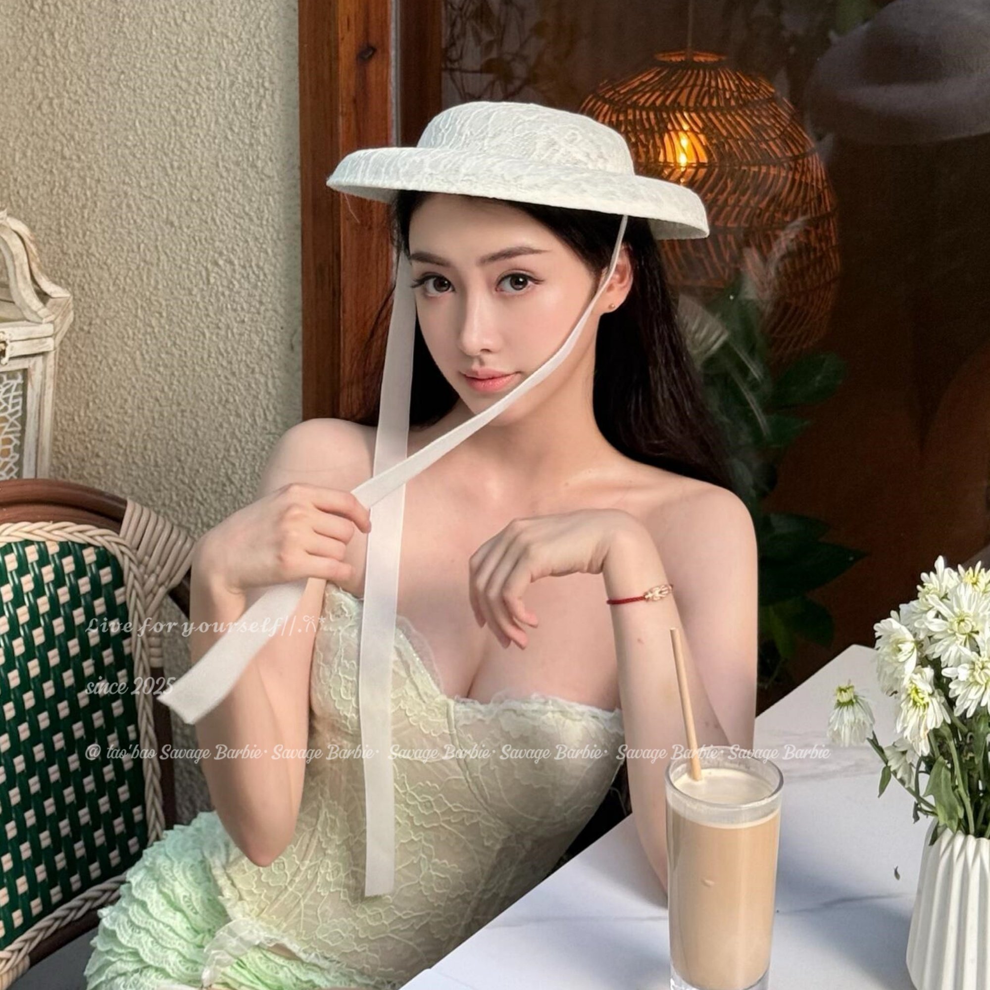 韩系复古白色蕾丝飘带盆帽
