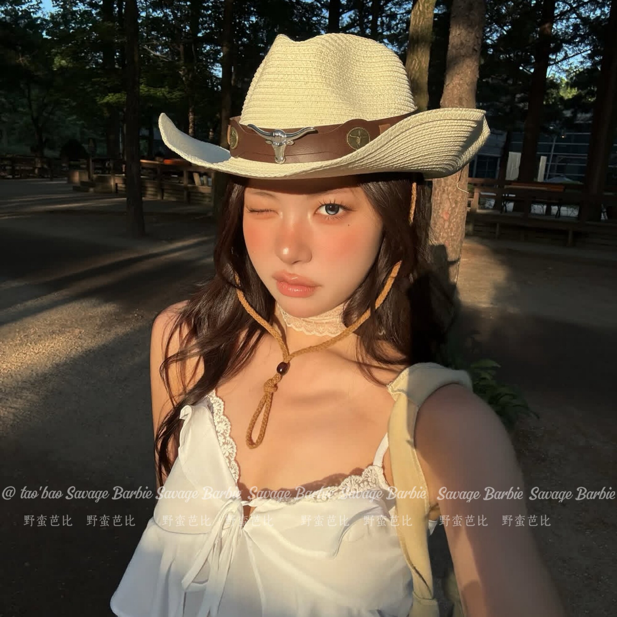 复古美式铆钉西部牛仔草帽子户外川西旅游骑马大帽檐遮阳帽防晒帽