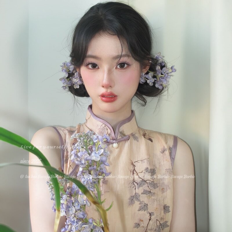 新中式古风紫色丁香花发夹超仙森系氛围感仿真花发卡旗袍汉服发饰