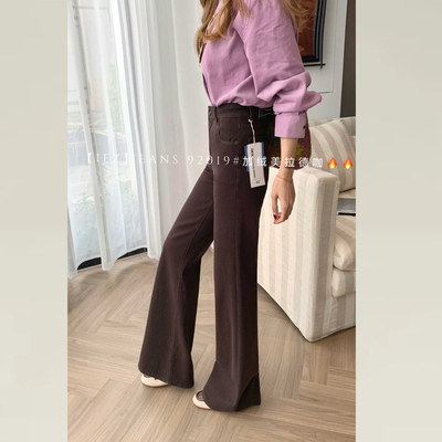 iez咖色加绒微喇牛仔裤女裤新款