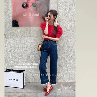 气质百搭直筒裤 TOP蕾丝裤 女韩版 新款 脚拼接设计四面弹牛仔九分裤