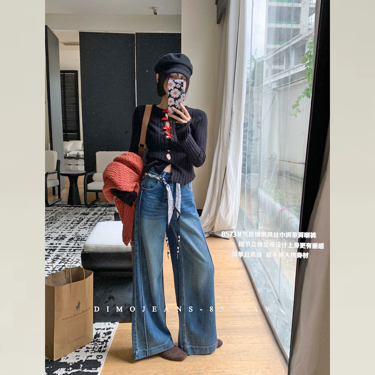 DIMO蓝色牛仔裤阔腿宽松裤子女款