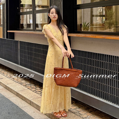 法式V领黄色连衣裙女气质长裙子