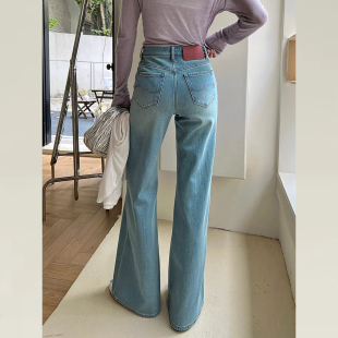浅蓝色直筒微喇牛仔裤 喇叭裤 高腰显瘦拖地长裤 子86059 女2026新款