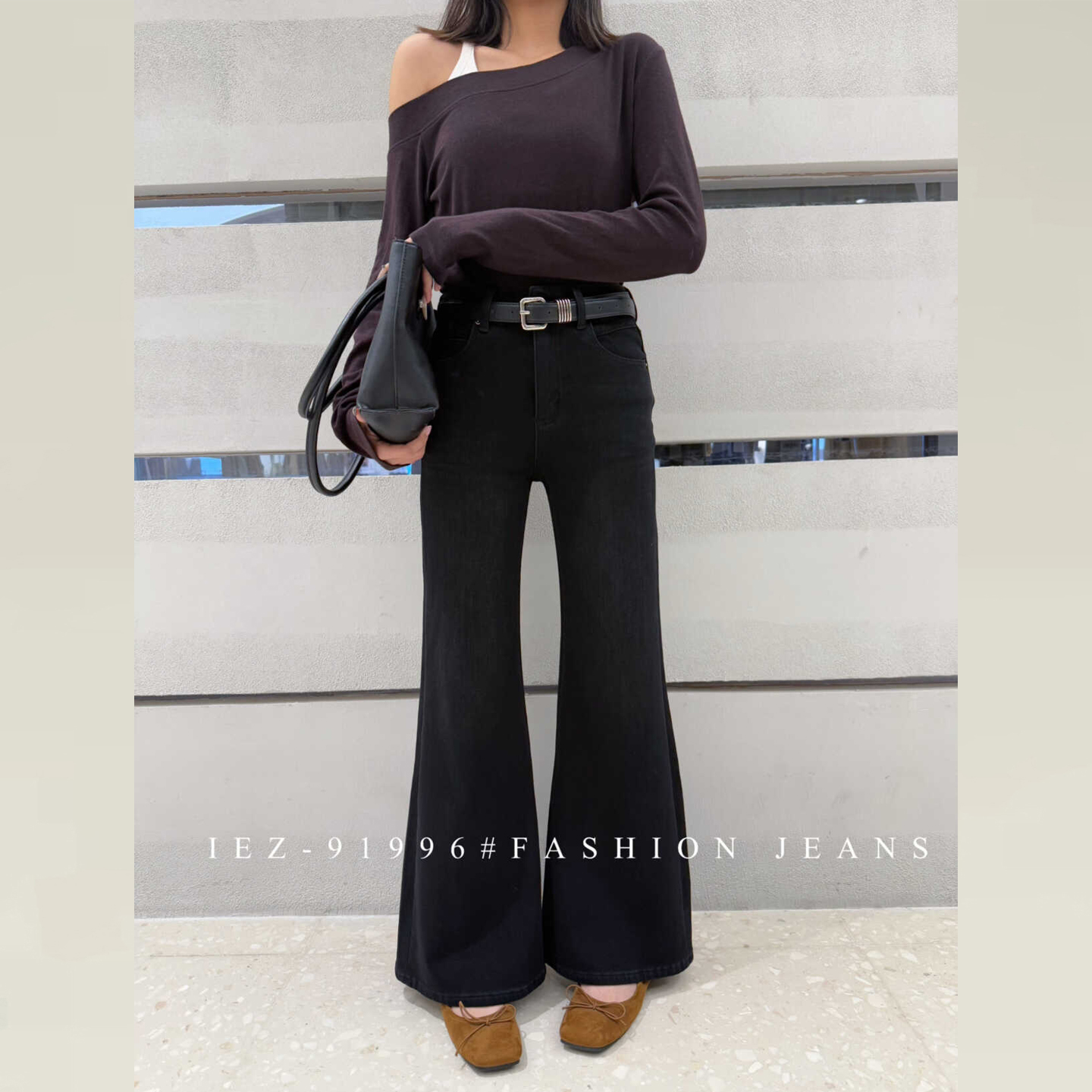 iez黑色加绒微喇牛仔裤女款裤子