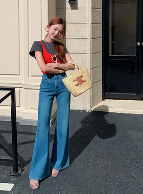 iez加绒微喇牛仔裤版型超好看的裤子女款直筒不贴腿喇叭裤女91585