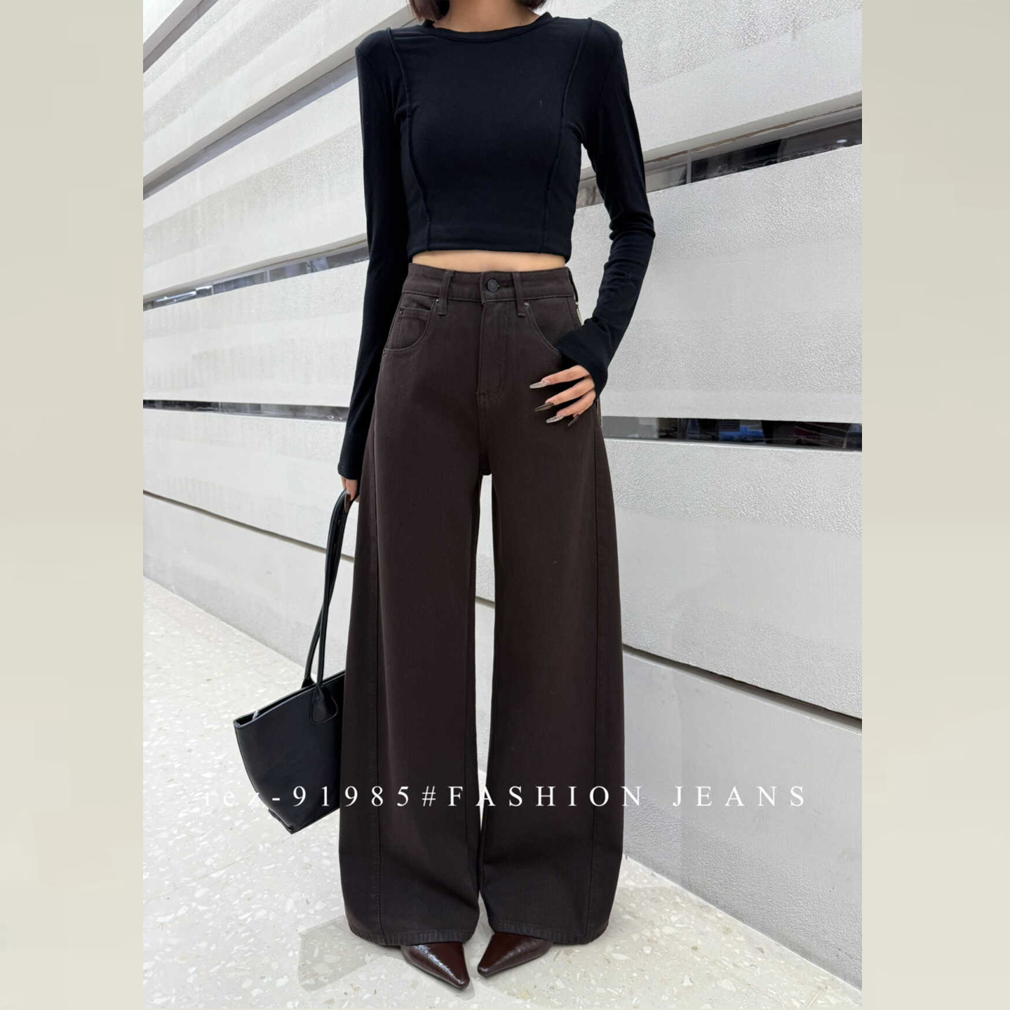 IEZ美拉德咖加绒牛仔裤阔腿宽松梨型身材粗腿宽胯胖mm显瘦弯刀裤